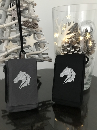 Handytasche mit Pferdekopflogo, Schwarz-Silber